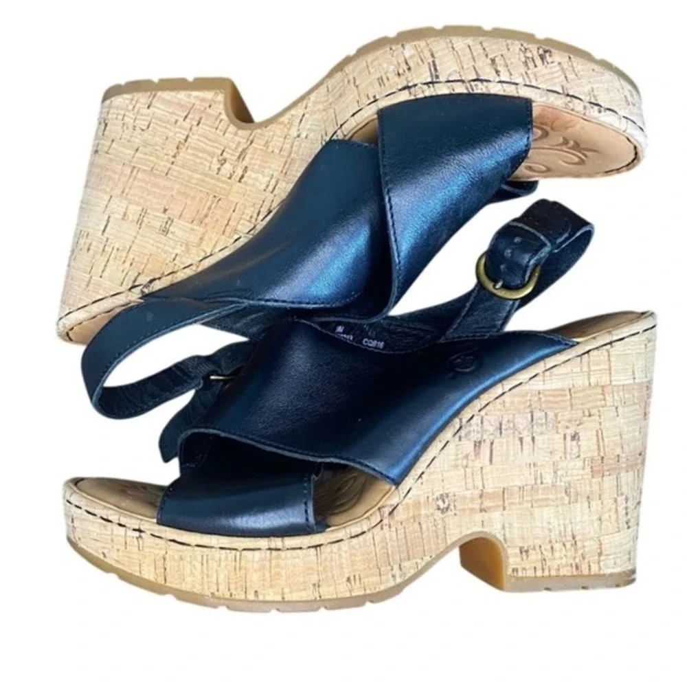 Born Black Leather Cork Wedge Sandals Heels Ankle Strap Casual Womens Shoes Sz 9